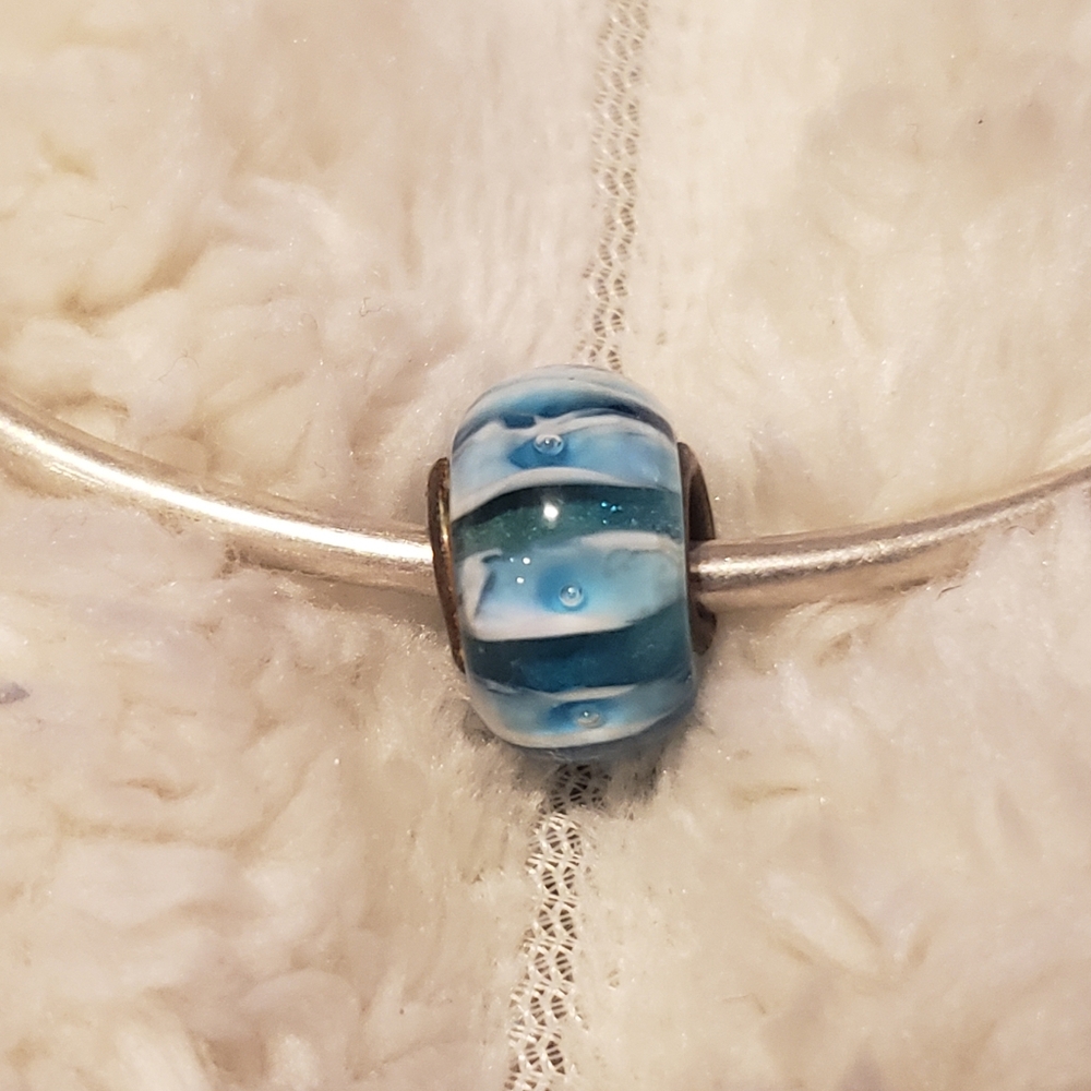 2/ $13 Vintage Blue White Aquatic Pattern Glass Bead For Charm Bracelet